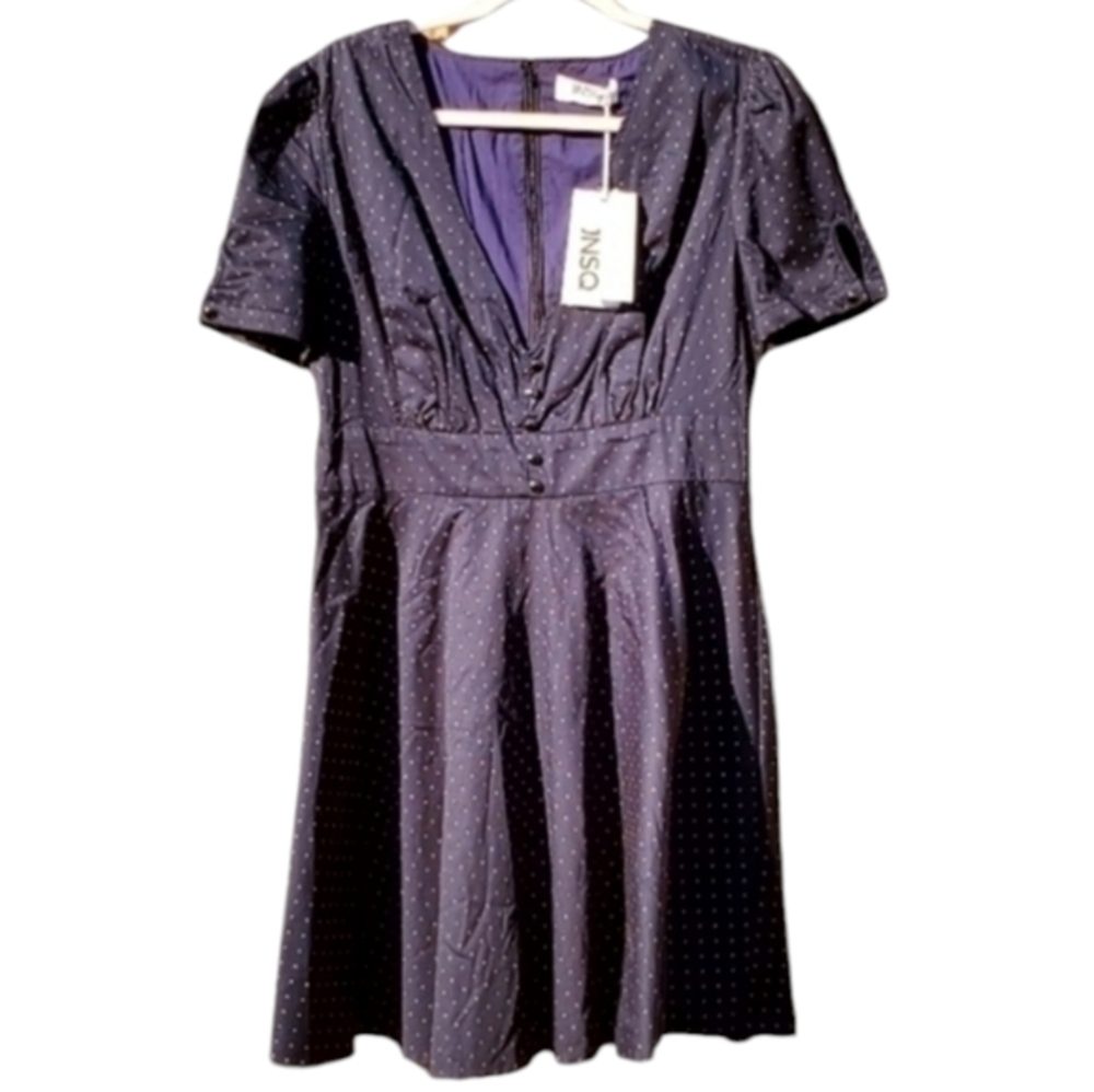 New JNSQ Sophia Dark Navy Lined Dress Gold‎ Details Buttons Zipup Size 10 NWT